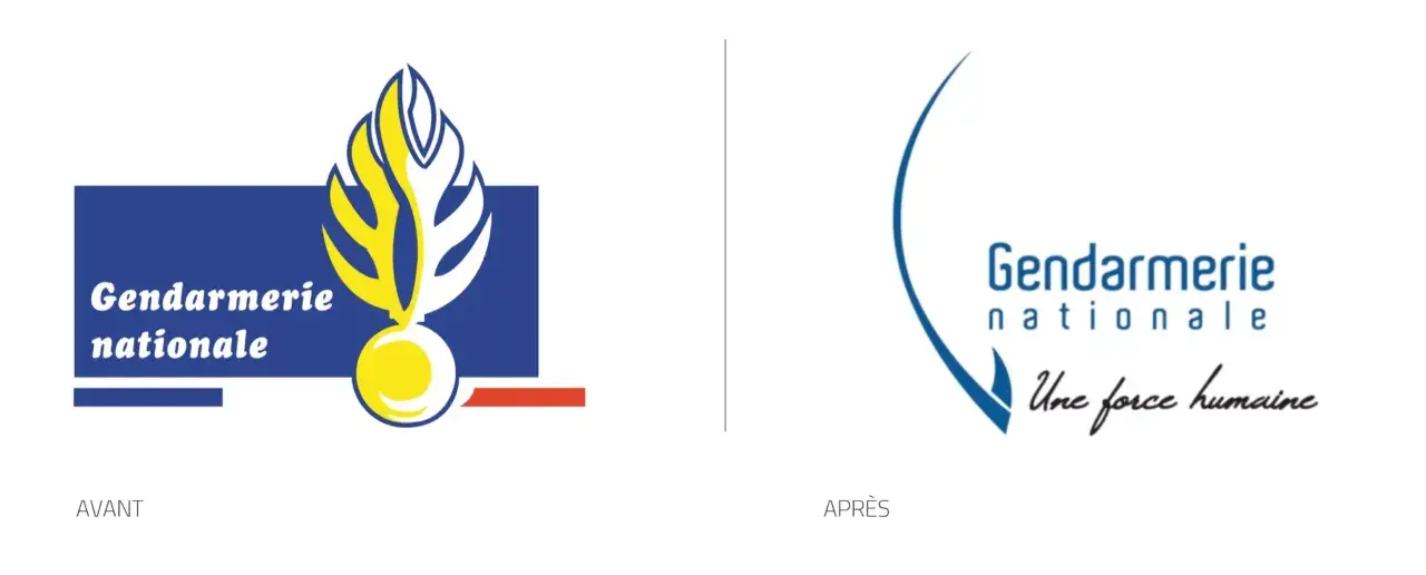 Le logo gendarmerie avant et après. L'ancien logo est plus traditionnel, le nouveau est plus moderne et épuré.