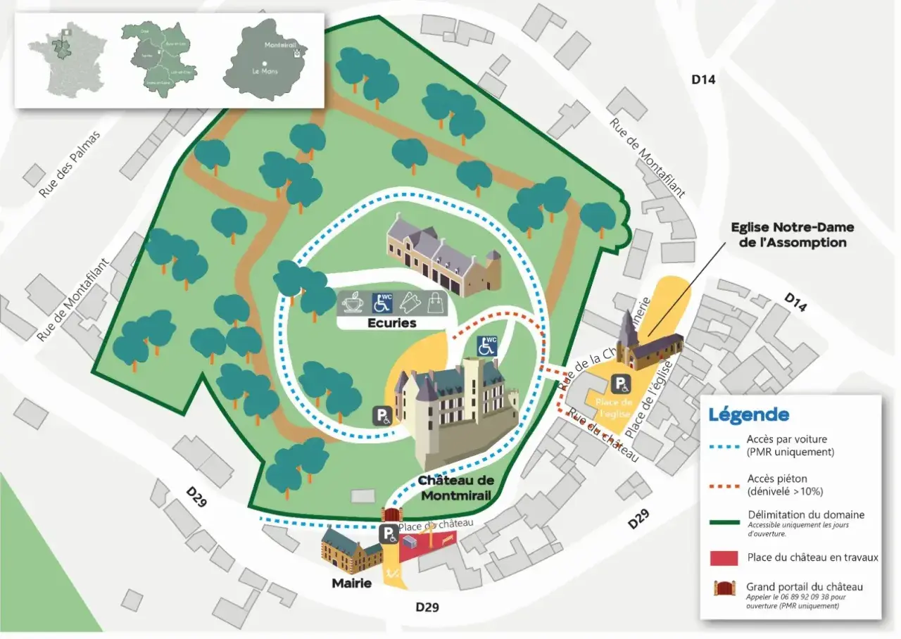 Plan du **Château de Montmirail** et de ses environs, incluant la mairie, l'église et les écuries. Le parcours est indiqué.
