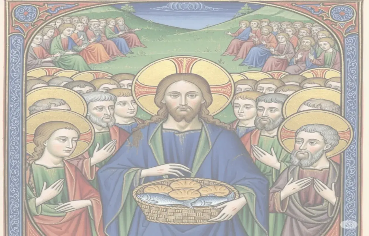 Jésus bénit le pain et les poissons, entouré de ses disciples. Une scène rappelant la multiplication des pains, peut-être liée à la date de saint Matthias.
