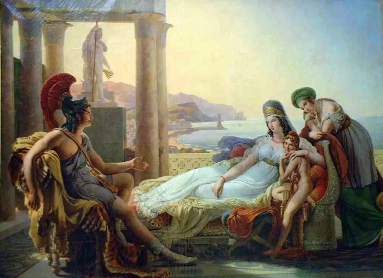 Didon, reine de Carthage, languit dans les bras de son amour, Énée, sous le regard de ses servantes. Le port de Carthage est visible en arrière-plan.