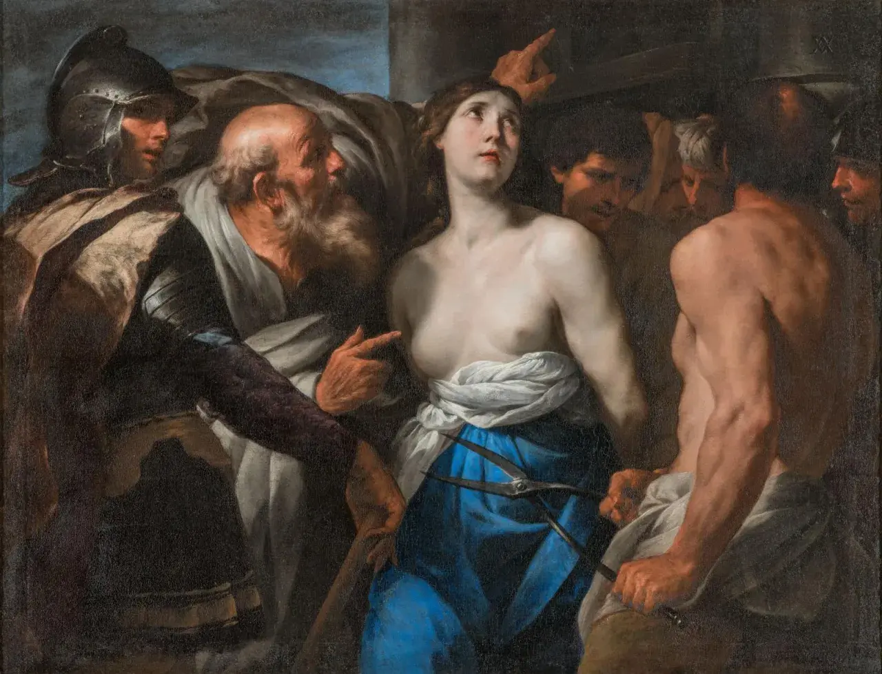 La Sainte Agathe, martyre, subit son supplice. Le sens de sa foi éclate face à la cruauté.