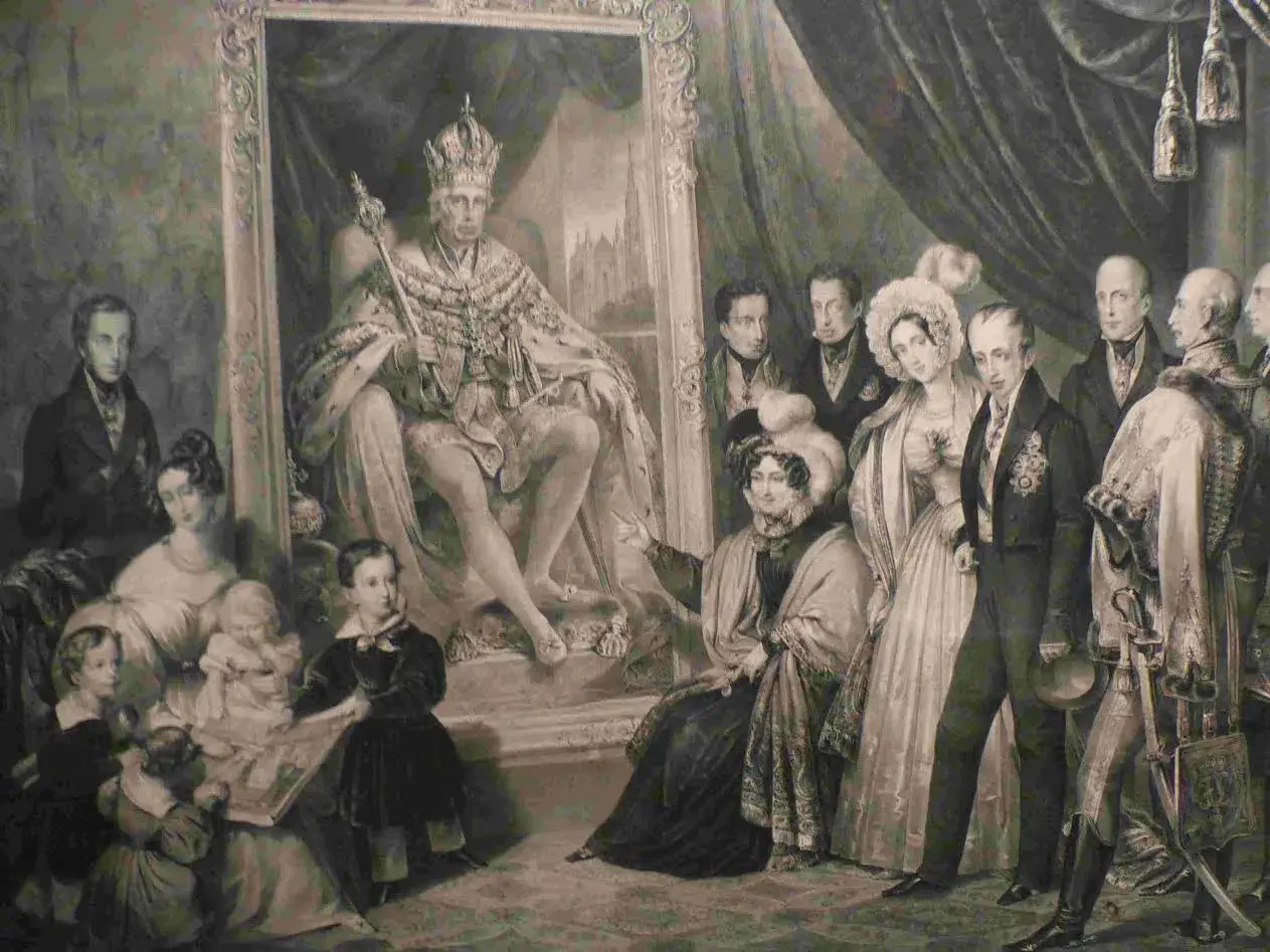 La famille impériale se réunit autour du portrait de François Ier d'Autriche, un moment de grandeur capturé.