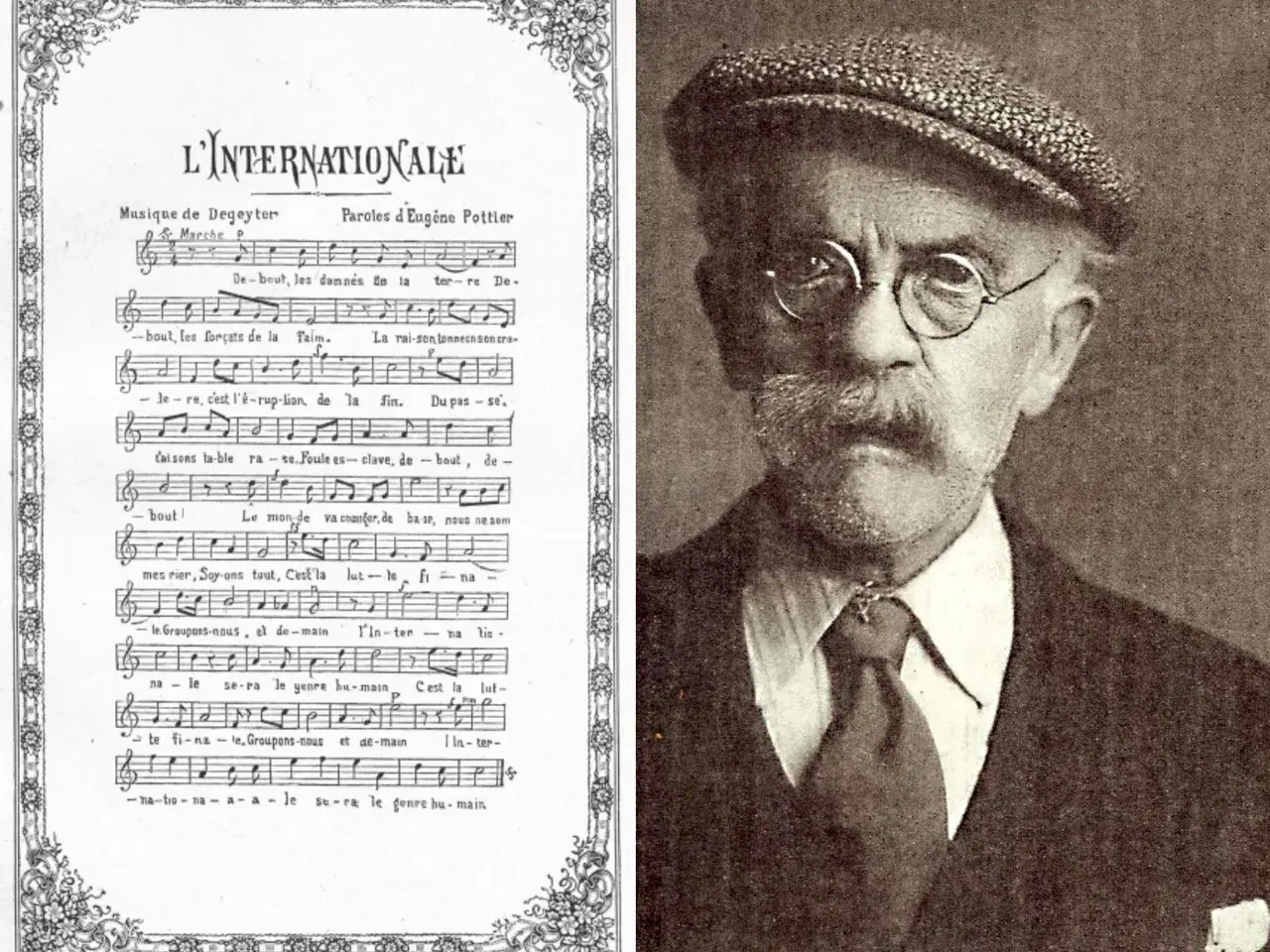 Partition de L'Internationale, musique de Degeyter, et portrait d'Eugène Pottier, poète de ce chant révolutionnaire.