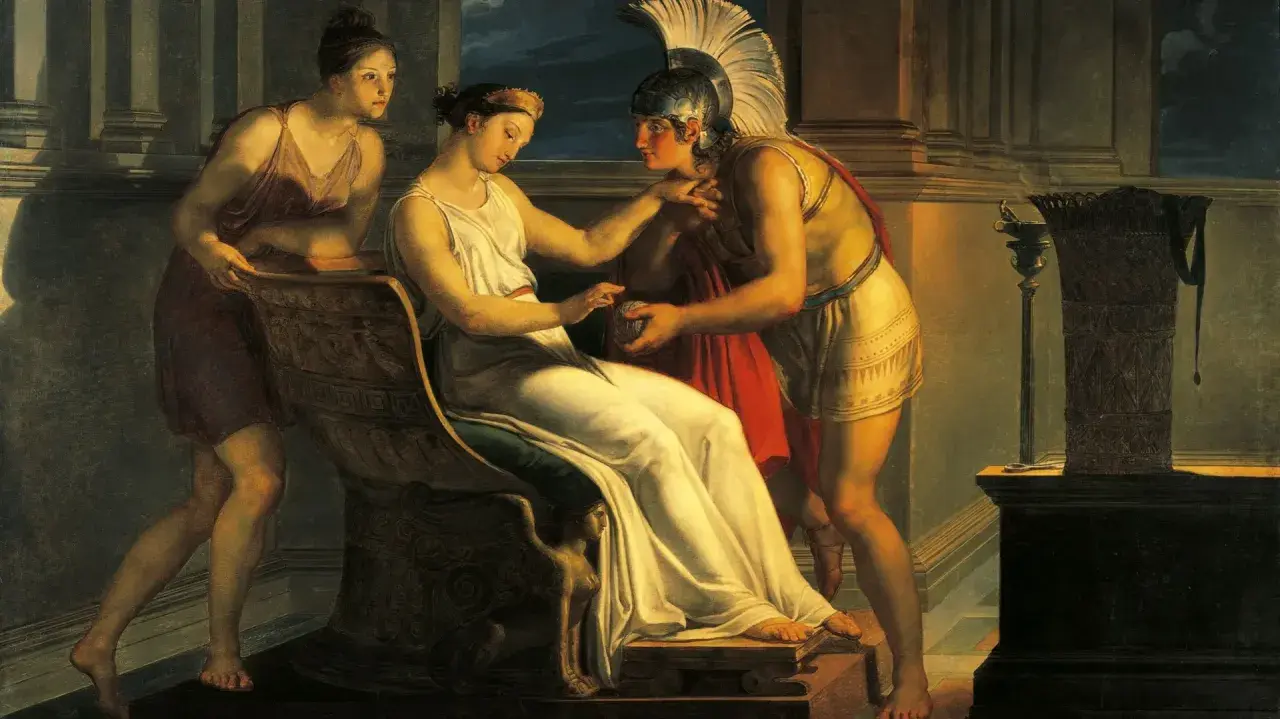 Thésée reçoit le fil d'Ariane mythologie, un objet précieux pour vaincre le Minotaure. Une servante observe la scène.