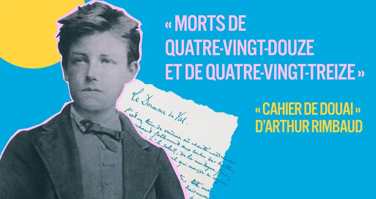 Portrait d'Arthur Rimbaud, jeune, avec un texte manuscrit et les titres "Morts de quatre-vingt-douze et de quatre-vingt-treize" et "Cahier de Douai". La rage de César Rimbaud transparaît.