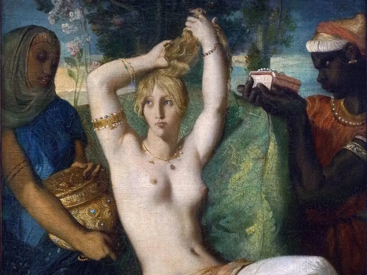 Le bain turc d'Ingres : une odalisque blonde se coiffe, entourée de servantes, l'une tenant un vase précieux, l'autre une boîte à bijoux.