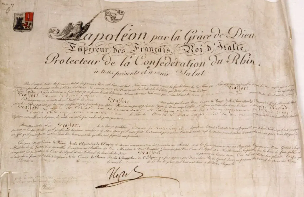 Document ancien avec sceau et signature, mentionnant Napoléon et la Confédération du Rhin.
