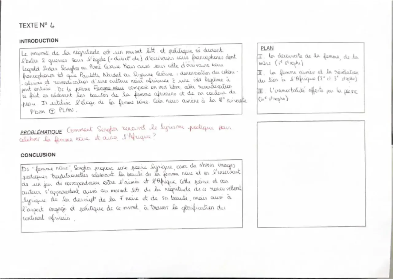 Le texte parle de la femme noire, de sa beauté et de son lien avec l'Afrique, dans le contexte du mouvement littéraire de la négritude.