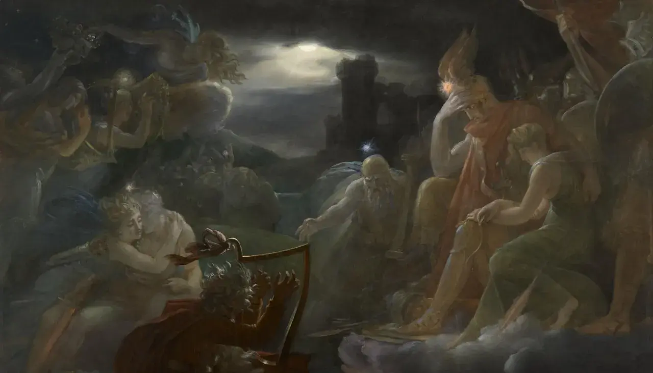 Le songe d'Ossian : figures éthérées, un barde jouant de la harpe, un château brumeux sous la lune.
