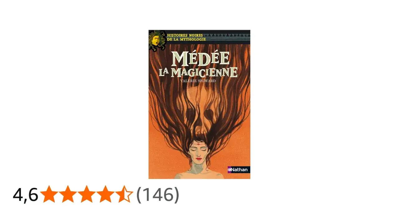 Couverture du livre "Médée, la magicienne" avec une illustration d'une femme aux longs cheveux sombres formant un crâne.