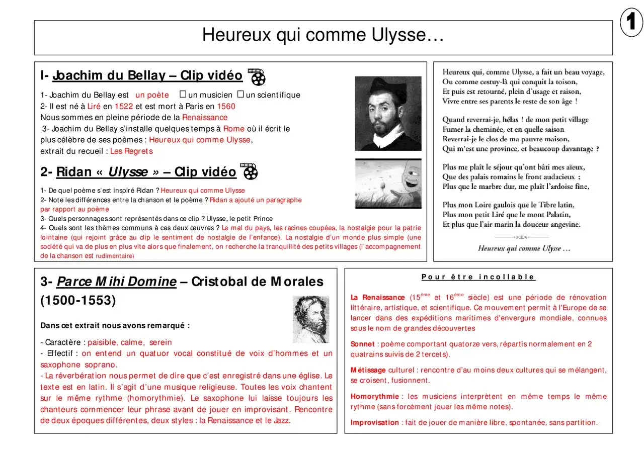 Page éducative sur le poème "Heureux qui comme Ulysse" de Joachim du Bellay, avec des extraits, des analyses et des définitions.