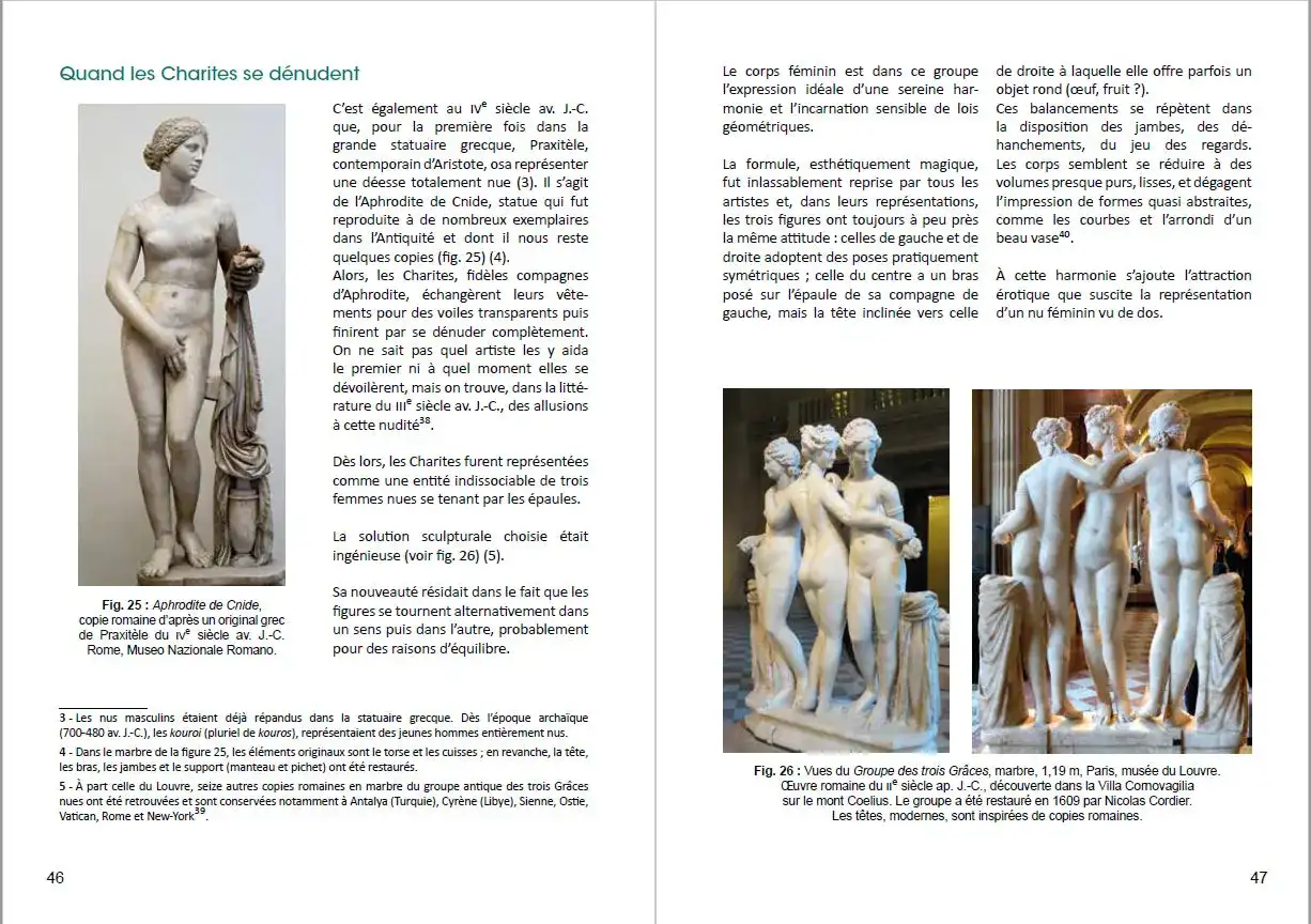 Groupe de trois femmes nues, les 3 Grâces, se tenant par les épaules, dans une pose harmonieuse et équilibrée.