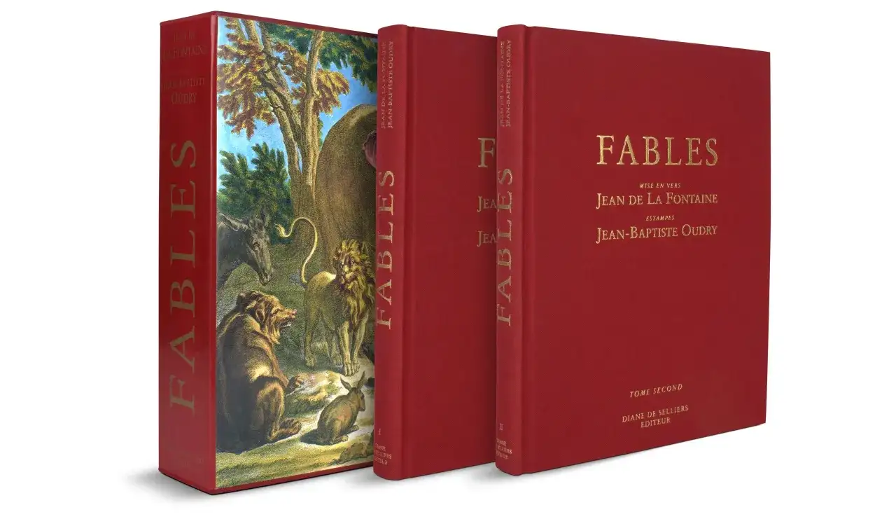 Deux livres rouges reliés, illustrés par Jean-Baptiste Oudry, présentent des fables de La Fontaine. Ces ouvrages font partie des autres livres par l'auteur de fables de la fontaine.