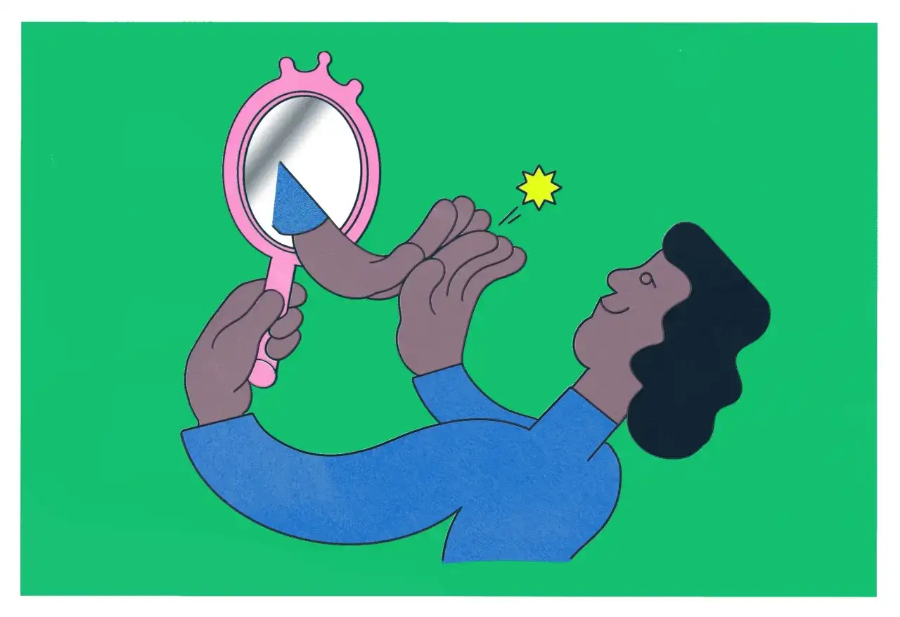 Une personne se regarde dans un miroir, découvrant une partie d'elle-même. C'est le début du "connais toi toi même".