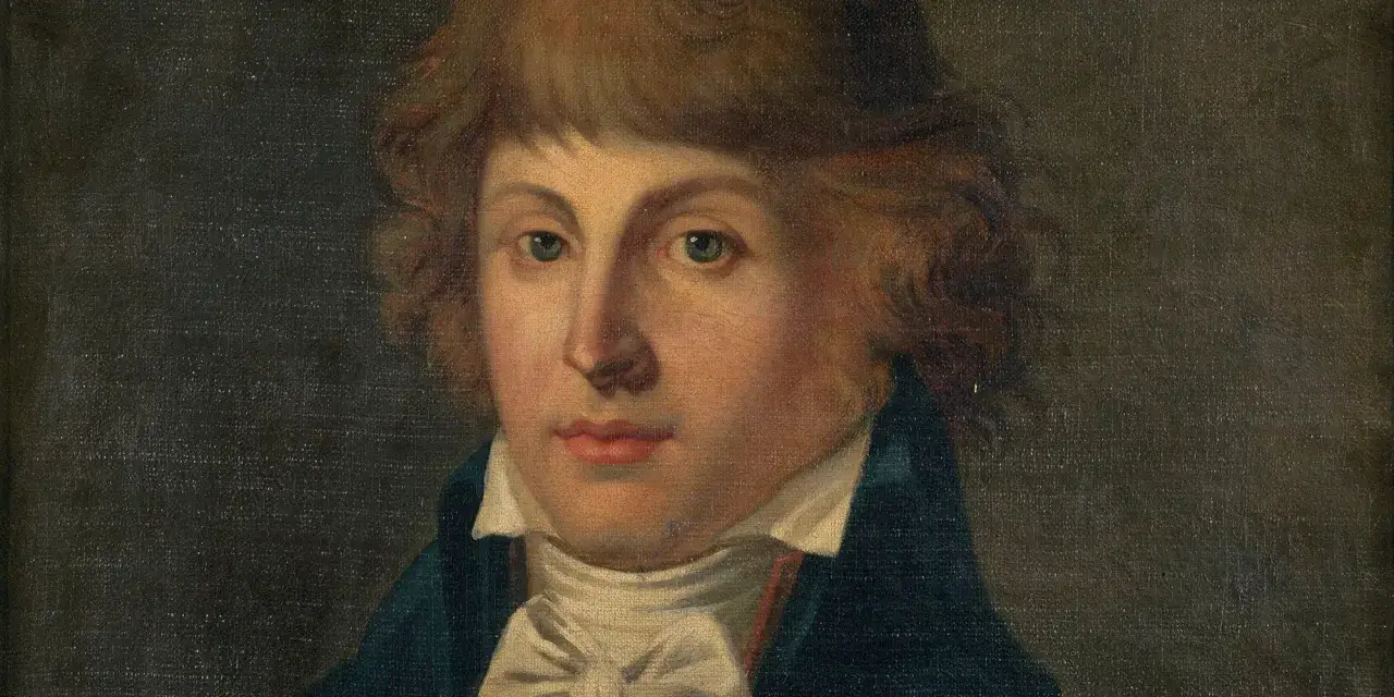 Portrait d'un jeune homme aux cheveux ch&acirc;tains, portant une chemise blanche et un jabot. Son regard est doux, comme s'il m&eacute;ditait sur le fait que le bonheur est une id&eacute;e neuve en Europe.