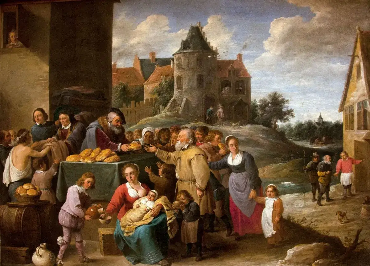 Sc&egrave;ne de partage de pain, o&ugrave; la g&eacute;n&eacute;rosit&eacute; et la bont&eacute; des hommes refl&egrave;tent la justice de Dieu.