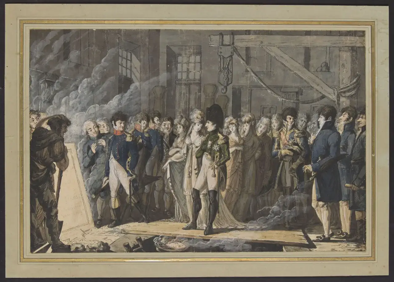 Napol&eacute;on, entour&eacute; de sa cour, observe un ouvrier travailler dans son cabinet. La sc&egrave;ne d&eacute;peint un moment de r&eacute;flexion et de d&eacute;cision.