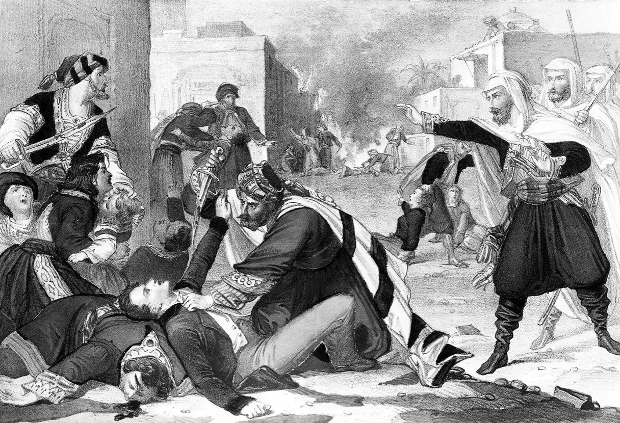 Sc&egrave;ne de combat intense, un homme bless&eacute; g&icirc;t au sol, un autre le soutient. Au loin, le feu cr&eacute;pite. L'&eacute;mir Abdelkader, figure centrale, dirige ses troupes.