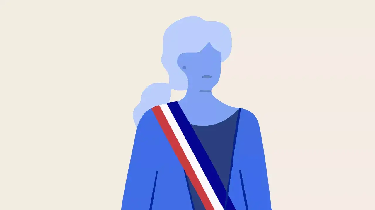 Illustration d'une femme portant l'&eacute;charpe tricolore, symbole du mandat d'un maire. La dur&eacute;e de son engagement est repr&eacute;sent&eacute;e par sa silhouette stylis&eacute;e.