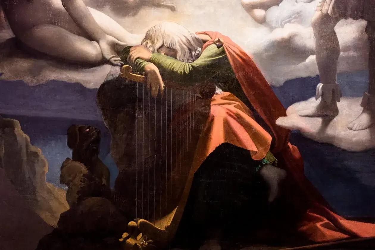 Le songe d'Ossian : un vieil homme aux cheveux blancs s'endort sur sa harpe, drap&eacute; dans une cape rouge, au milieu de figures &eacute;th&eacute;r&eacute;es.