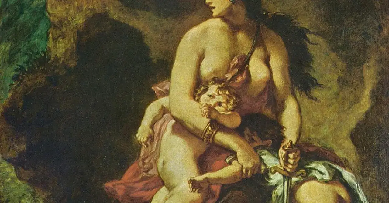 Une femme puissante, peut-&ecirc;tre M&eacute;d&eacute;e, serre deux enfants. Un enfant est blotti contre elle, l'autre semble tenir une &eacute;p&eacute;e.