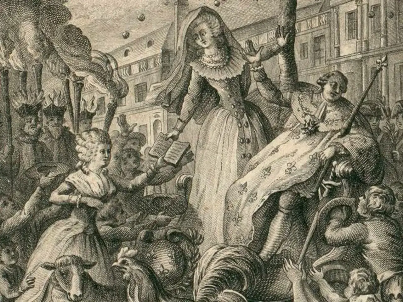 Une femme voil&eacute;e, peut-&ecirc;tre Olympe de Gouges, lit un livre. Un homme en habit royal, tenant un sceptre, est &agrave; ses pieds. La sc&egrave;ne &eacute;voque une all&eacute;gorie.