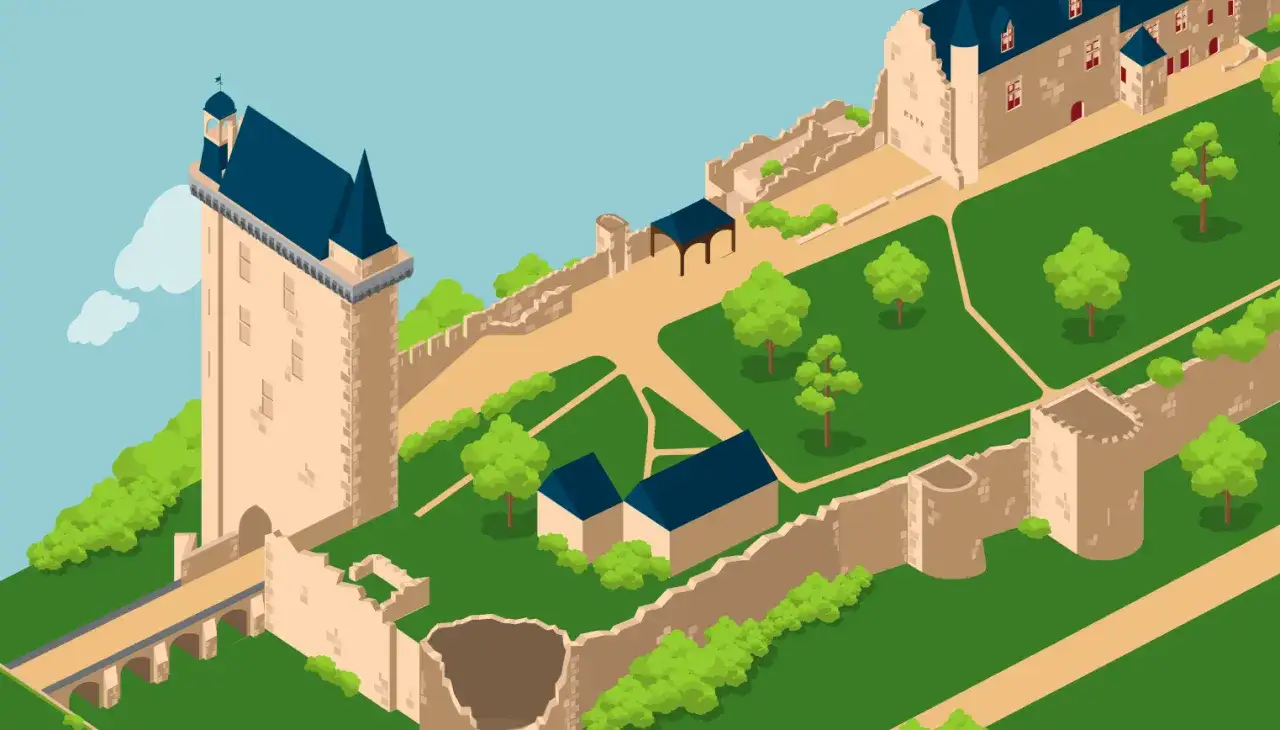 Vue isom&eacute;trique du ch&acirc;teau de Chinon, avec ses tours, remparts et jardins. Id&eacute;al pour planifier votre visite et conna&icirc;tre le ch&acirc;teau de Chinon tarif.