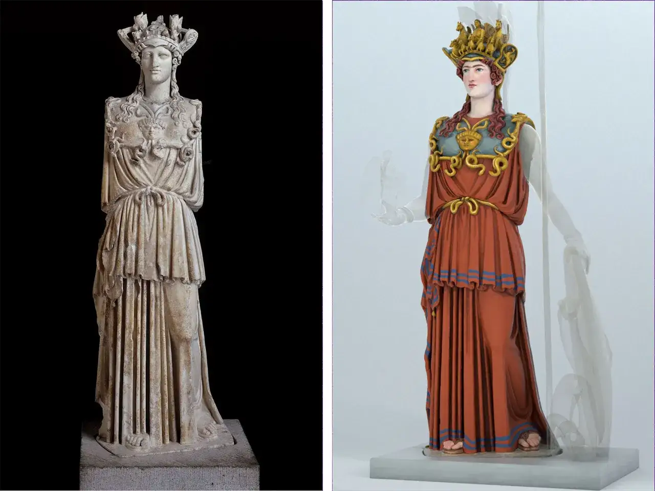 Comparaison d'une sculpture grecque antique en marbre et d'une reconstitution coloris&eacute;e d'une statue antique.
