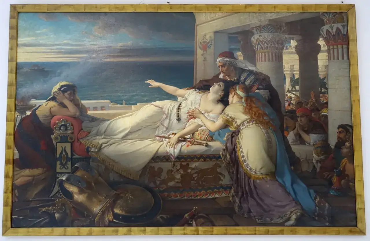 La mort de Didon, tragique fin de son amour pour &Eacute;n&eacute;e. Une sc&egrave;ne poignante avec des femmes en deuil et une foule en arri&egrave;re-plan.