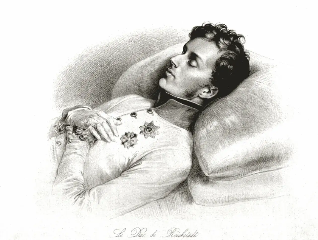 Le Duc de Reichstadt, fils de Napol&eacute;on, repose sur un oreiller. Sa mort, dont la cause reste d&eacute;battue, est ici repr&eacute;sent&eacute;e dans un sommeil paisible.