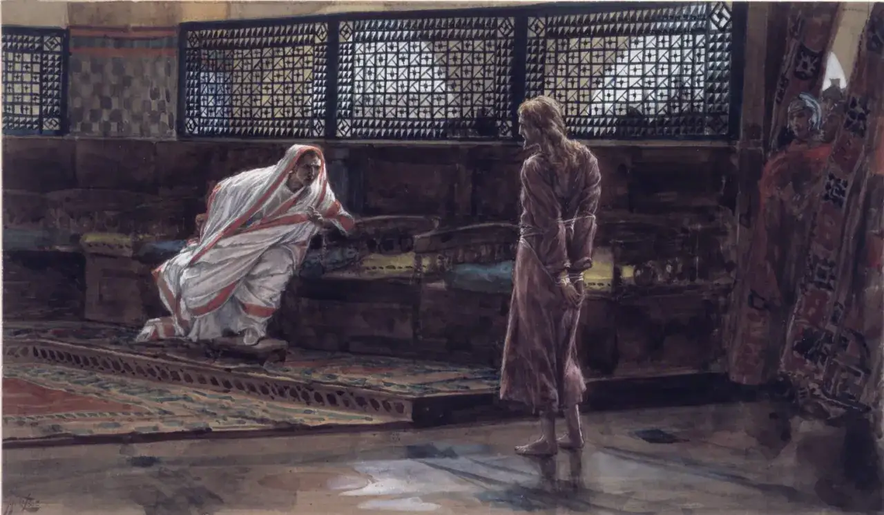 Pilate, agenouillé, interroge Jésus. Ce dernier répond :