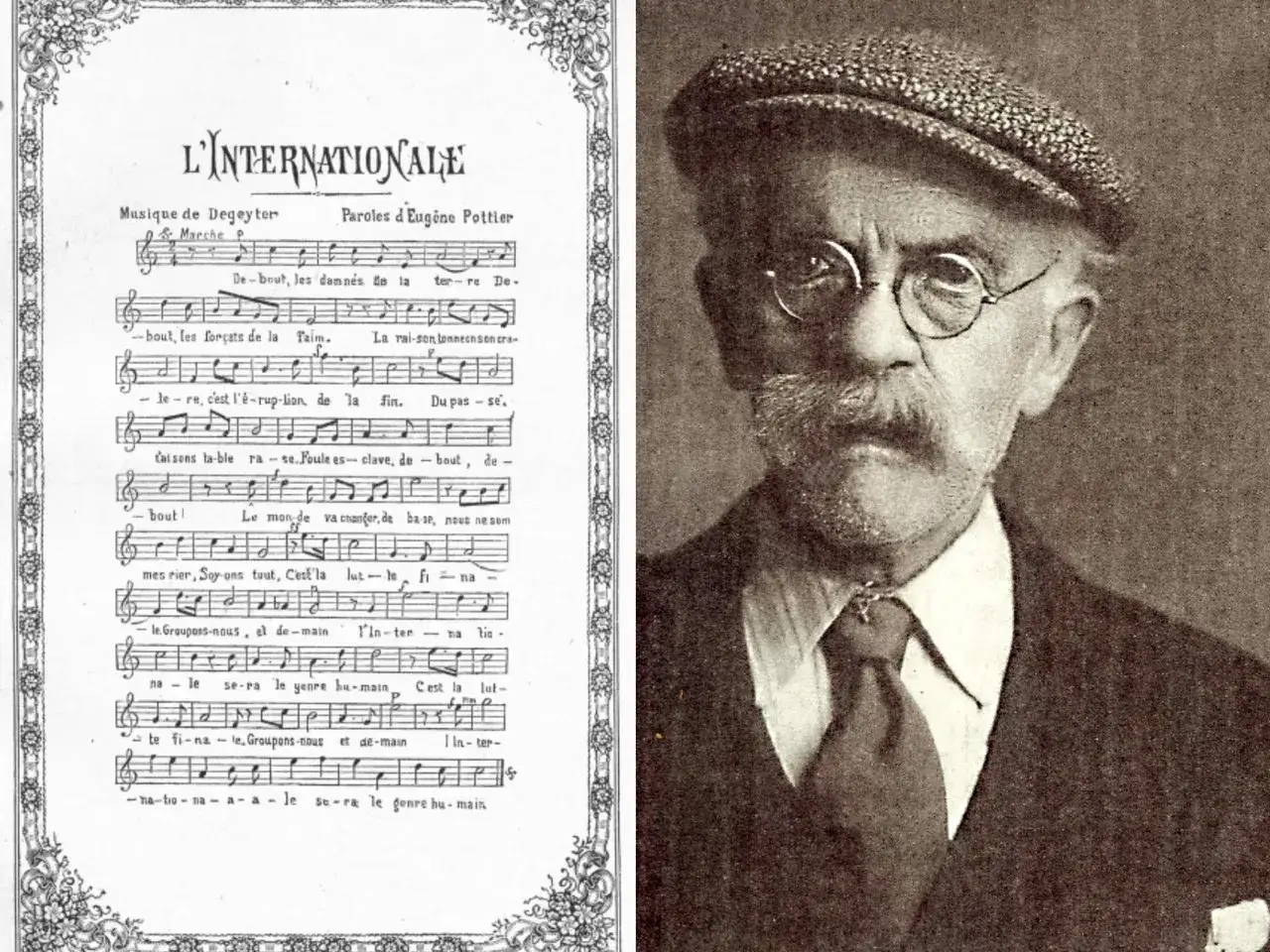 Partition de L'Internationale, musique de Degeyter, et portrait d'Eug&egrave;ne Pottier, po&egrave;te de ce chant r&eacute;volutionnaire.