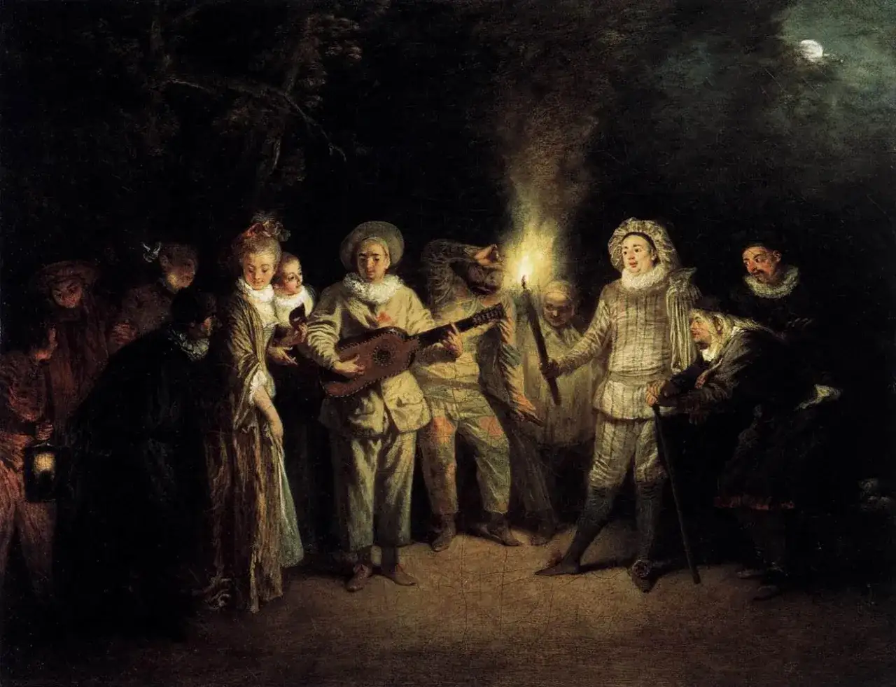 Sc&egrave;ne nocturne, des com&eacute;diens masqu&eacute;s jouent de la musique sous un clair de lune, &eacute;voquant le po&egrave;me de Verlaine.