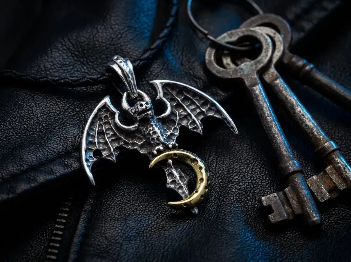 Pendentif chauve-souris symbolique en argent, tenant une lune dor&eacute;e, pos&eacute; sur du cuir noir avec des cl&eacute;s anciennes.