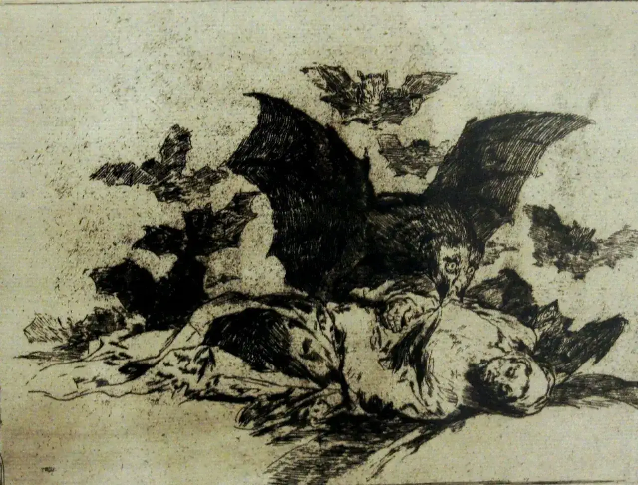 Un homme g&icirc;t, assailli par des chauves-souris, &eacute;voquant les sombres phares Baudelaire. L'obscurit&eacute; et la peur dominent cette gravure.