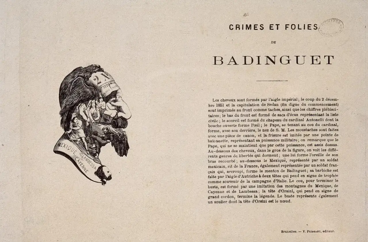 Caricature de Napol&eacute;on III, le buste compos&eacute; de symboles politiques et g&eacute;ographiques, dont le Mexique et la Cayenne.