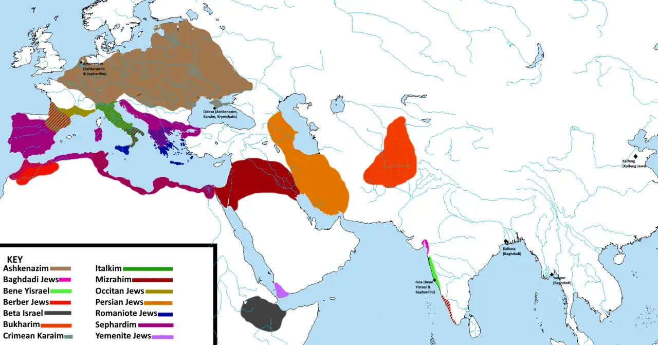 Carte des communautés juives : Ashkenazim, Mizrahim, et juifs d'origine séfarade en Europe, Afrique du Nord et Asie.