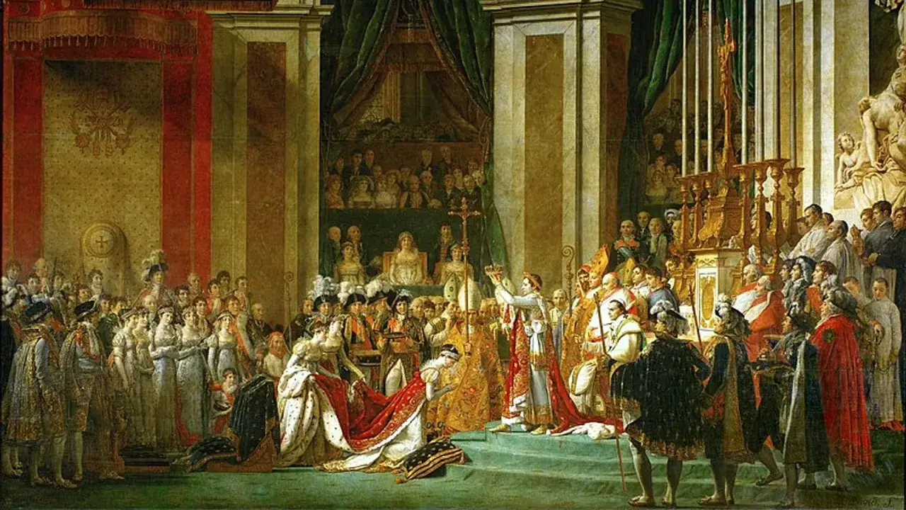 Le couronnement de Napol&eacute;on 1er par David. Une sc&egrave;ne grandiose avec l'empereur et Jos&eacute;phine, entour&eacute;s de dignitaires dans la cath&eacute;drale Notre-Dame.