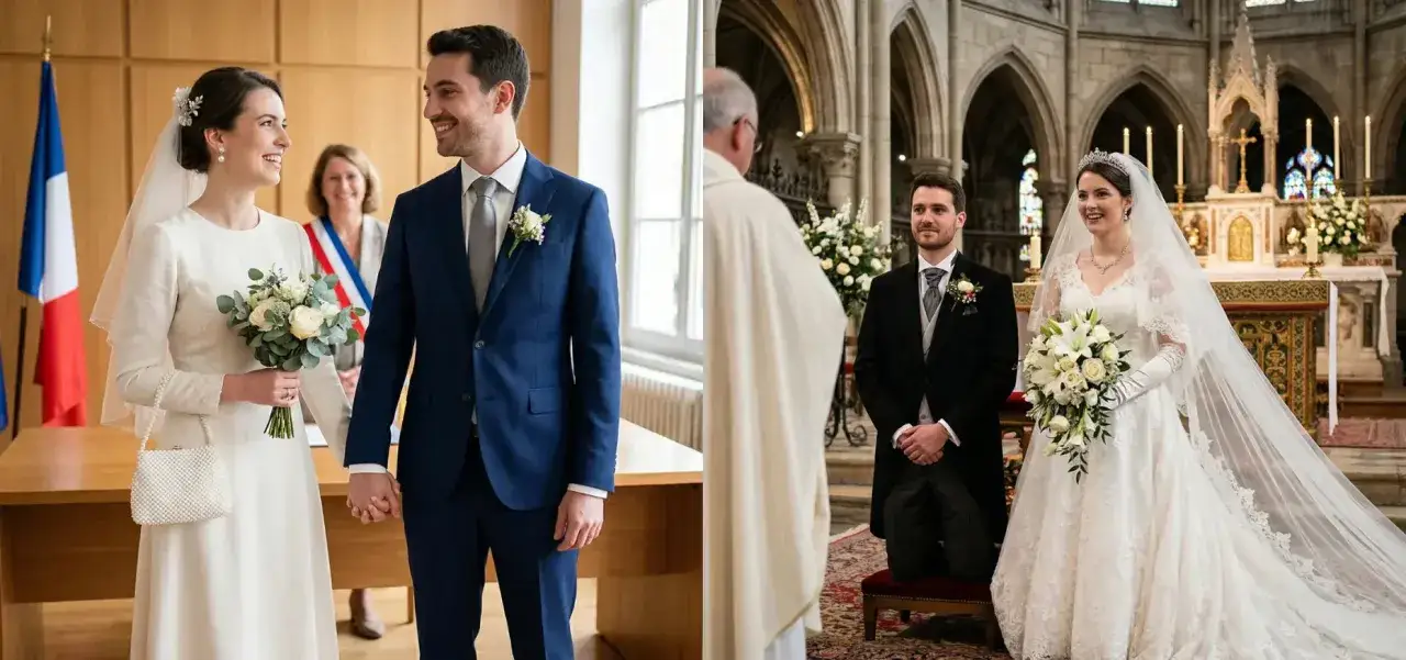 Un couple c&eacute;l&egrave;bre son mariage, d'abord &agrave; la mairie, puis &agrave; l'&eacute;glise, symbolisant l'indissolubilit&eacute; du mariage.