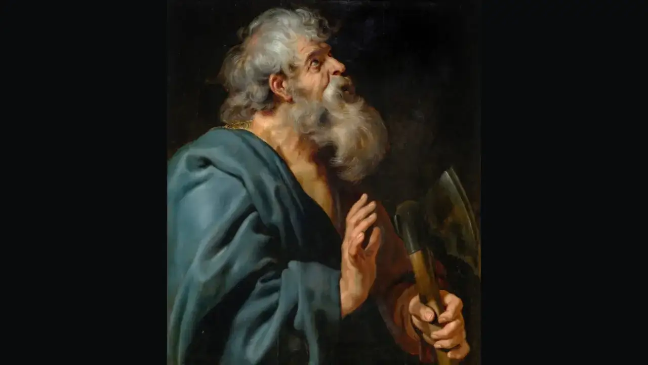 Saint Matthias, barbu et drap&eacute; de bleu, tient une hache. Sa date de martyre est inconnue.