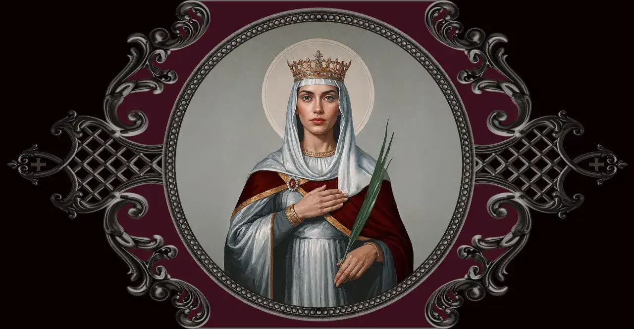 Portrait de sainte Ir&egrave;ne, patronne, couronn&eacute;e, tenant une palme, dans un cadre ornemental.