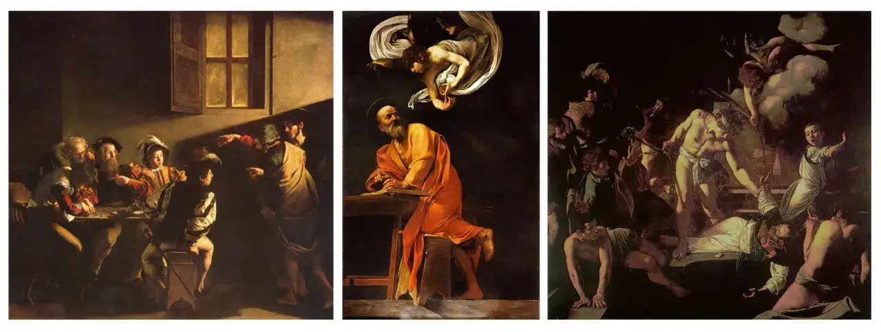 Trois sc&egrave;nes de la vie de saint Mathieu : appel, inspiration divine et martyre. La date de saint Mathieu est ici repr&eacute;sent&eacute;e par le peintre Caravage.