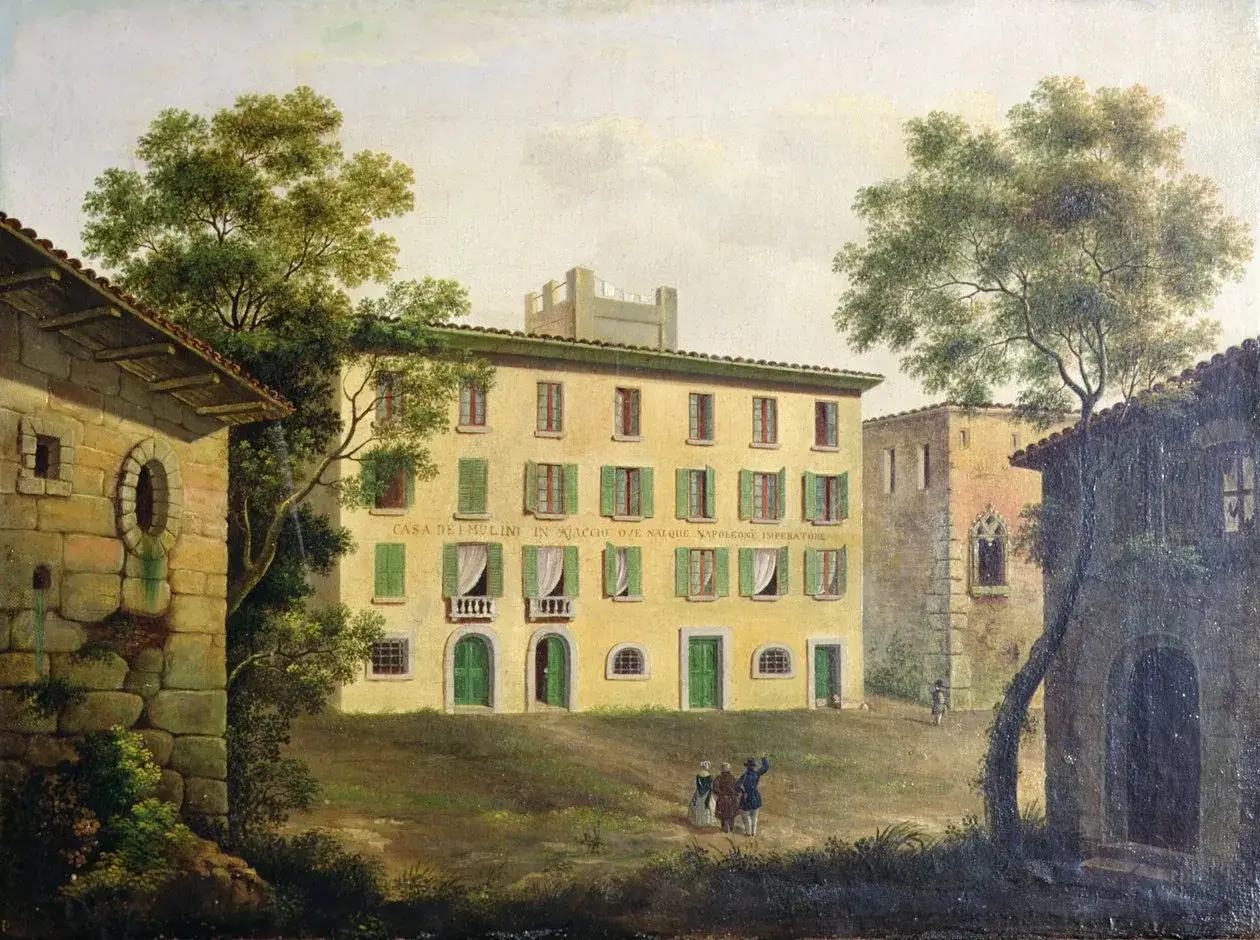 La maison o&ugrave; quand est n&eacute; Napol&eacute;on Bonaparte, la Casa dei Mulini &agrave; Ajaccio, peinte avec des arbres et des personnages.