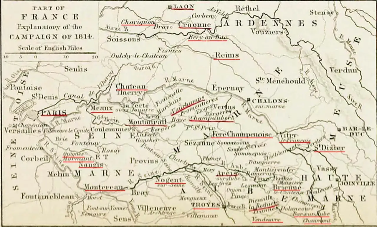Carte de France, campagne de 1814. Les lieux de batailles sont marqu&eacute;s. Combien de batailles Napol&eacute;on a-t-il gagn&eacute;es ?