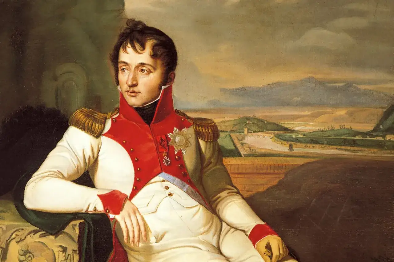 Portrait de Louis Bonaparte en uniforme militaire, regardant au loin un paysage champêtre.