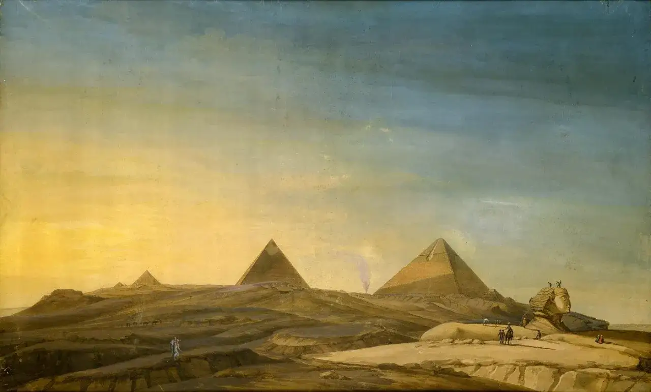 Bonaparte devant le Sphinx, contemplant les pyramides sous un ciel orang&eacute;. Des figures humaines et des chameaux animent le paysage d&eacute;sertique.