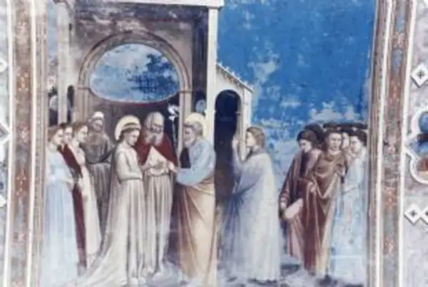 Fresque représentant une cérémonie de mariage, symbolisant l'indissolubilité du mariage. Des figures en robes traditionnelles se tiennent ensemble.