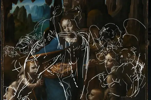 Esquisse blanche sur la Vierge, l'Enfant Jésus et saint Jean-Baptiste, une œuvre de Léonard de Vinci.