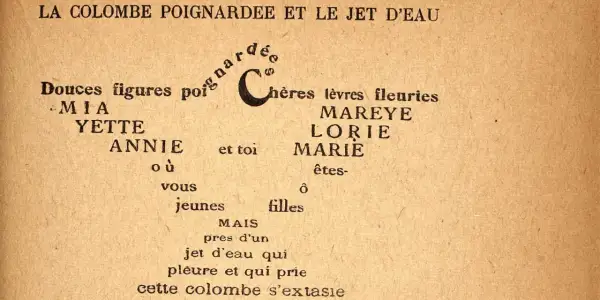 La colombe poignardée et le jet d'eau : des noms de jeunes filles entourent un jet d'eau qui pleure et prie, une colombe en extase.
