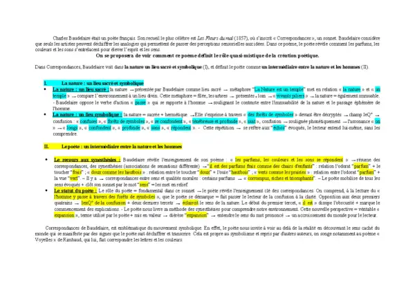 Analyse des correspondances de Baudelaire : le poète, intermédiaire entre nature et hommes, déchiffre les symboles.